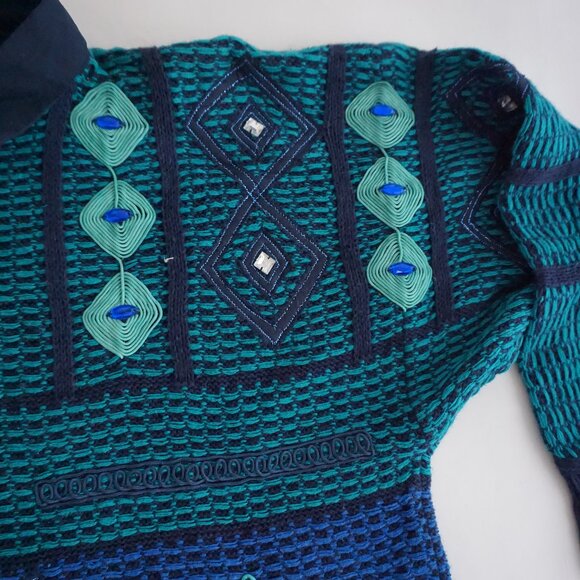 Vintage Bonnie Blue Teal Geometric Beaded Collared Button Front Sweater L - Picture 6 of 11
